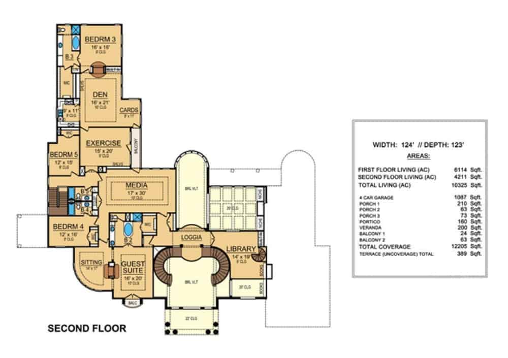 二层平面图有四间卧室，媒体室，图书馆，健身房和书房。