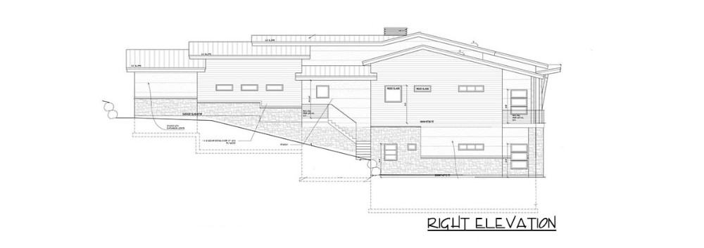 四卧室当代风格的单层山地住宅的右立面草图。