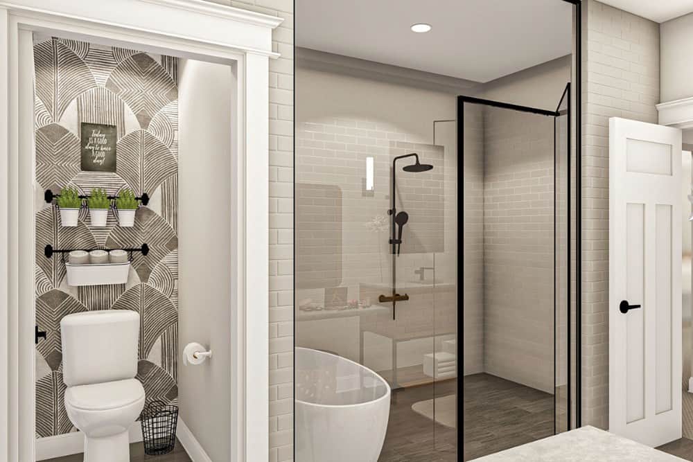 主浴室包括一间卫生间和一间带独立浴缸的步入式淋浴间。