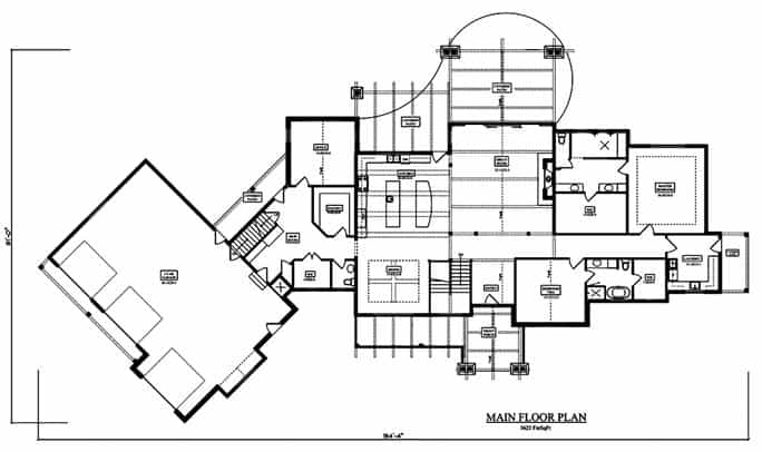 2卧室单层工匠牧场的主要楼层平面图，带有前后门廊，门厅，大房间，厨房，用餐区，两间卧室，办公室和通往车库的储藏室。