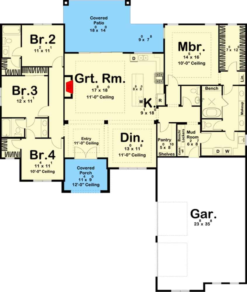 4间卧室的地中海风格单层住宅的主要楼层平面图，带有前后门廊，门厅，餐厅，大房间，厨房，洗衣房和通往车库的储藏室。