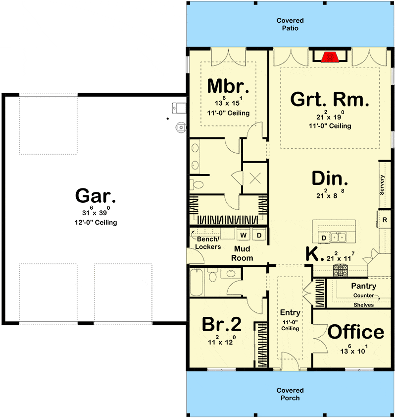 单层2卧室传统风格住宅的主平面平面图，前后门廊，门厅，办公室，厨房，用餐区，大房间和通往车库的储藏室。