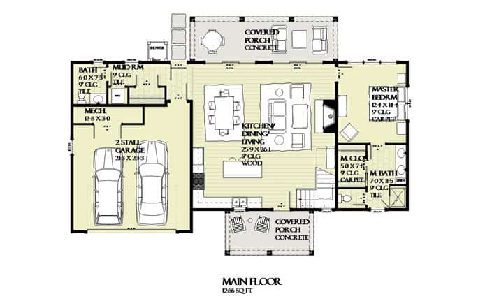 两层三卧室过渡农舍的主要楼层平面图，带有前后门廊、厨房、用餐区、客厅、主卧室、储藏室和双车库。
