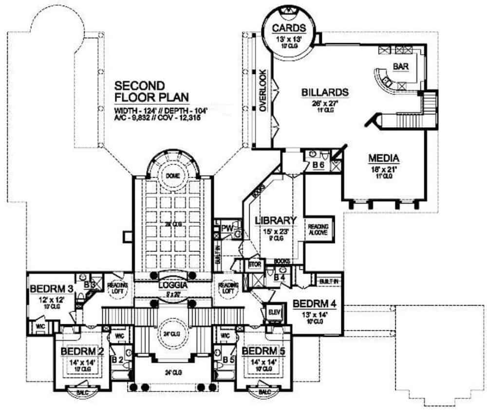 二层平面图有四间卧室套房、图书馆、媒体室和一个巨大的台球室，设有纸牌区和一个湿酒吧。