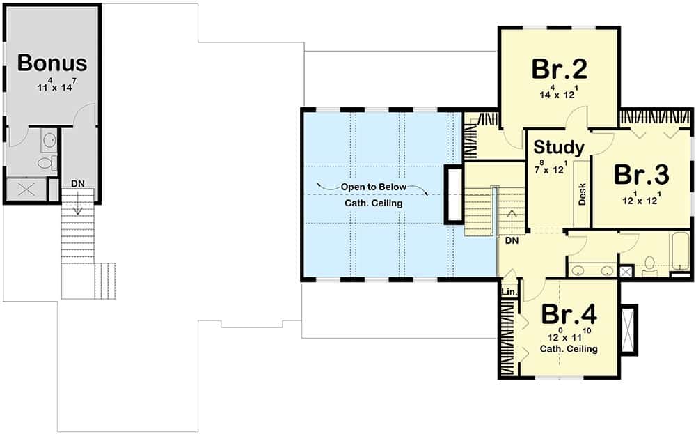 二楼平面图，有三间卧室，书房和车库上方的奖金室。