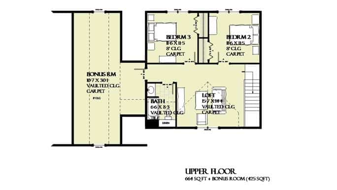 二层平面图，奖励房间，阁楼和两间卧室共用一个大厅浴室。