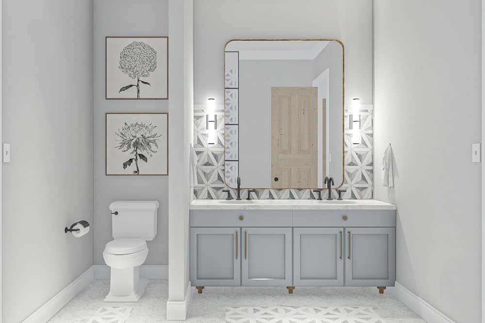 主浴室设有卫生间区和双水槽梳妆台，并配以镜框镜子。