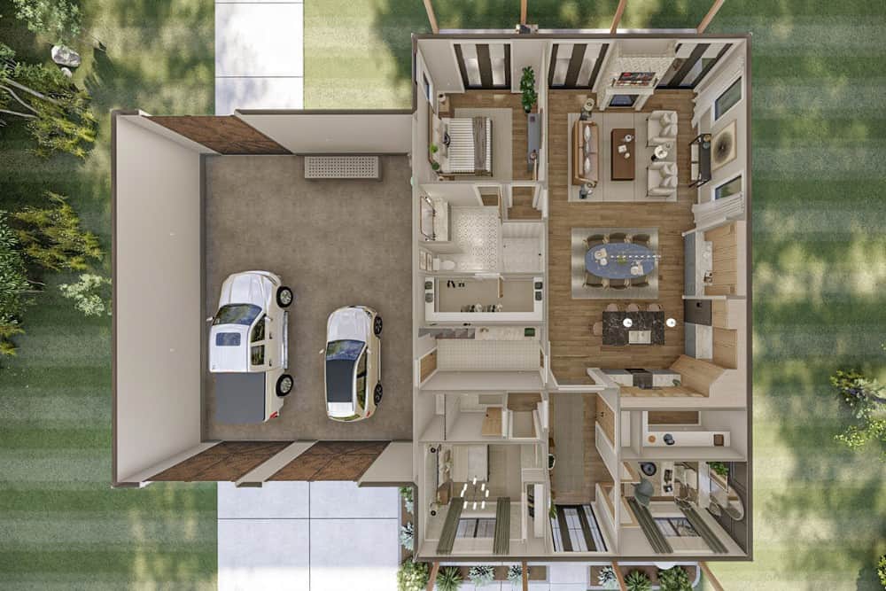单层两卧室传统风格住宅的3D平面图。