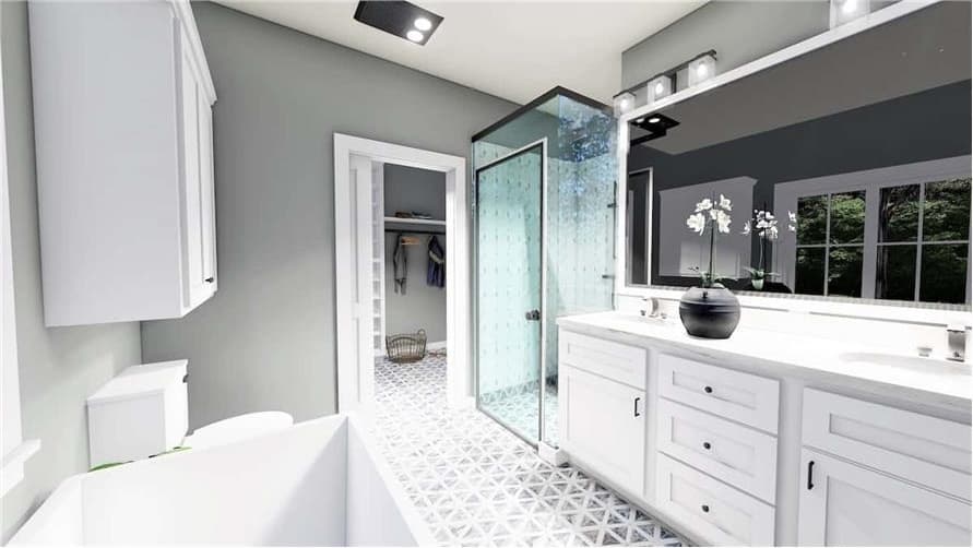 主浴室带步入式淋浴，深泡浴缸，和一个双水槽虚荣与盆花。
