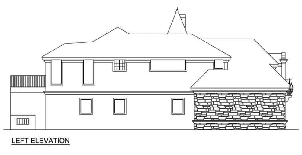 左立面的3卧室两层新古典主义住宅草图。