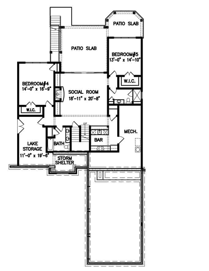 低层平面图有两间卧室，社交室和大量的存储空间。