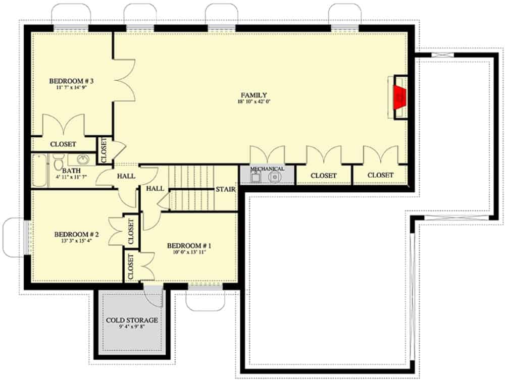 二层平面图有三间卧室，一个完整的浴室和第二个家庭娱乐室。