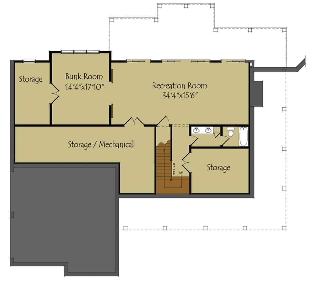 低层平面图有娱乐室、上下铺和大储藏室。