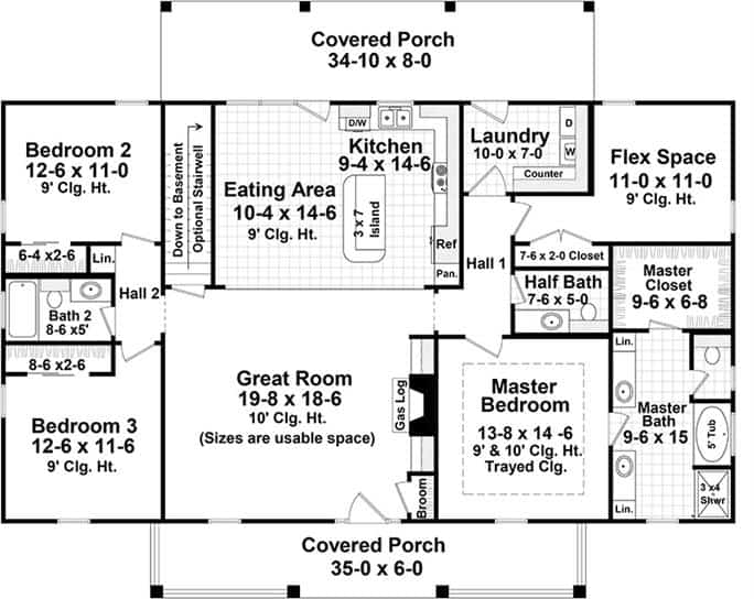 三卧室乡村风格单层住宅的主层平面图，带有前后门廊，大房间，用餐区，厨房，洗衣房和宽敞的灵活空间。