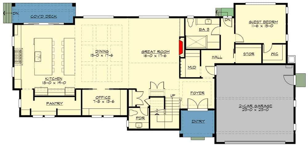主级的平面图,位于两层新美国家里的房间,餐厅,厨房,办公室,客房,寄存室导致车库。