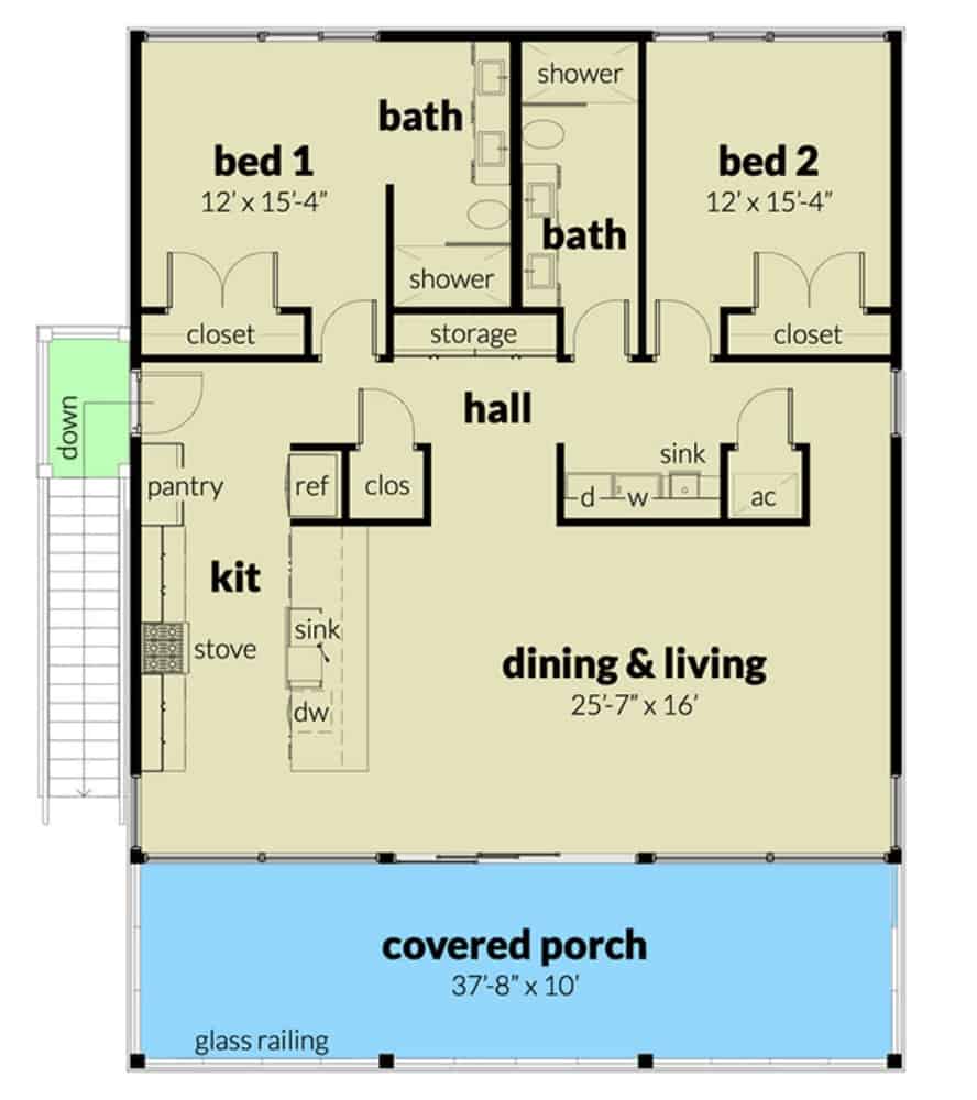 一个现代单层2卧室的吊脚楼的主要楼层平面图，结合了餐厅和客厅，厨房，两间卧室套房和一个宽盖门廊。