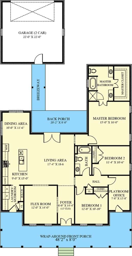 单层3卧室的南方独家住宅的主要层平面图，带有前后门廊，门厅，伸缩室，客厅，厨房，用餐区，洗衣房/储藏室和游戏室/办公室。