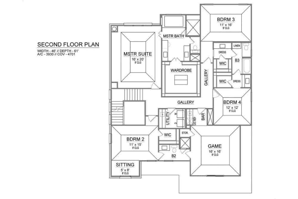 二层平面图有四间卧室，三间浴室，公用设施和一间带湿酒吧的游戏室。