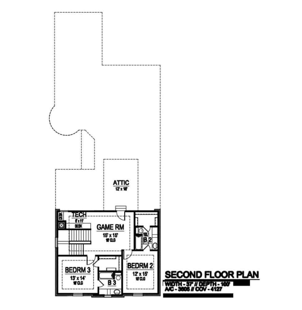 二层平面图有两间卧室套房和一间宽敞的游戏室。