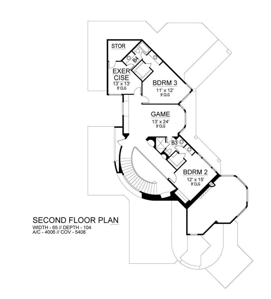 二楼平面图有两间卧室，游戏室和带储物柜的健身室。