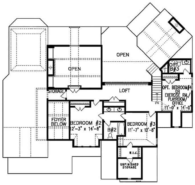 二层平面图，有两间卧室和一个可选的锻炼/游戏室/办公室/卧室。