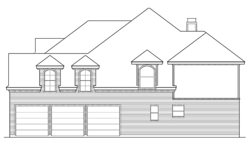 传统的两层四卧室住宅的右立面草图。