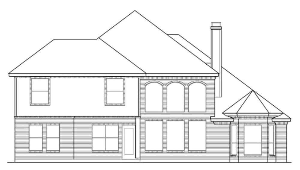 传统的两层四卧室住宅的仰角草图。