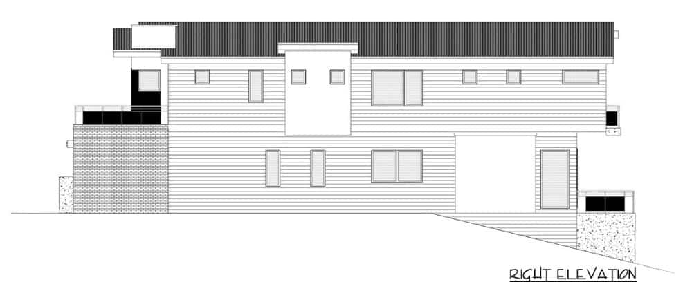 两层当代三卧室住宅的右立面草图。