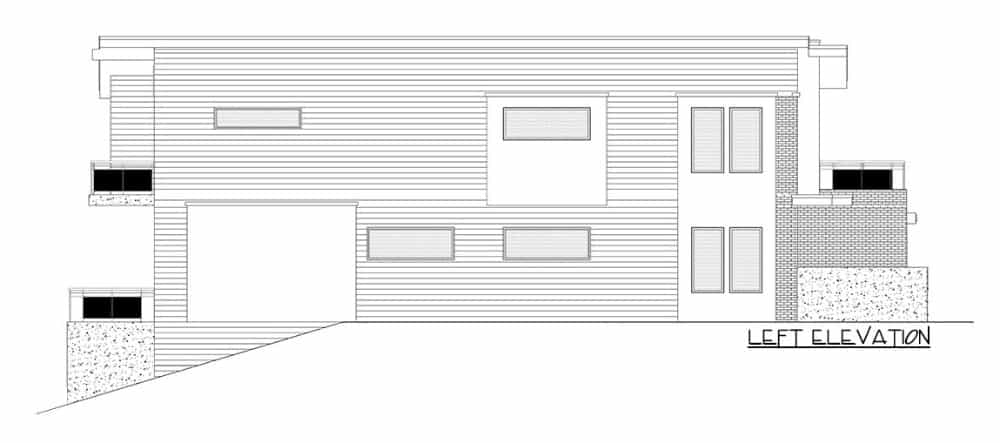 左侧两层当代三卧室住宅的立面草图。