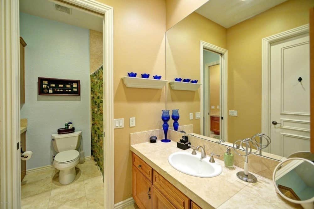 主浴室设有卫生间和一个大木制梳妆台，配有一面无框矩形镜子。