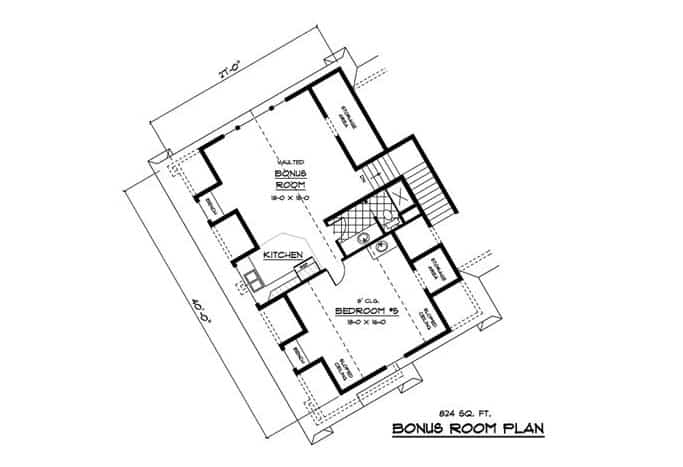 额外的房间平面图有一个起居空间，厨房，一个完整的浴室，和一间卧室。