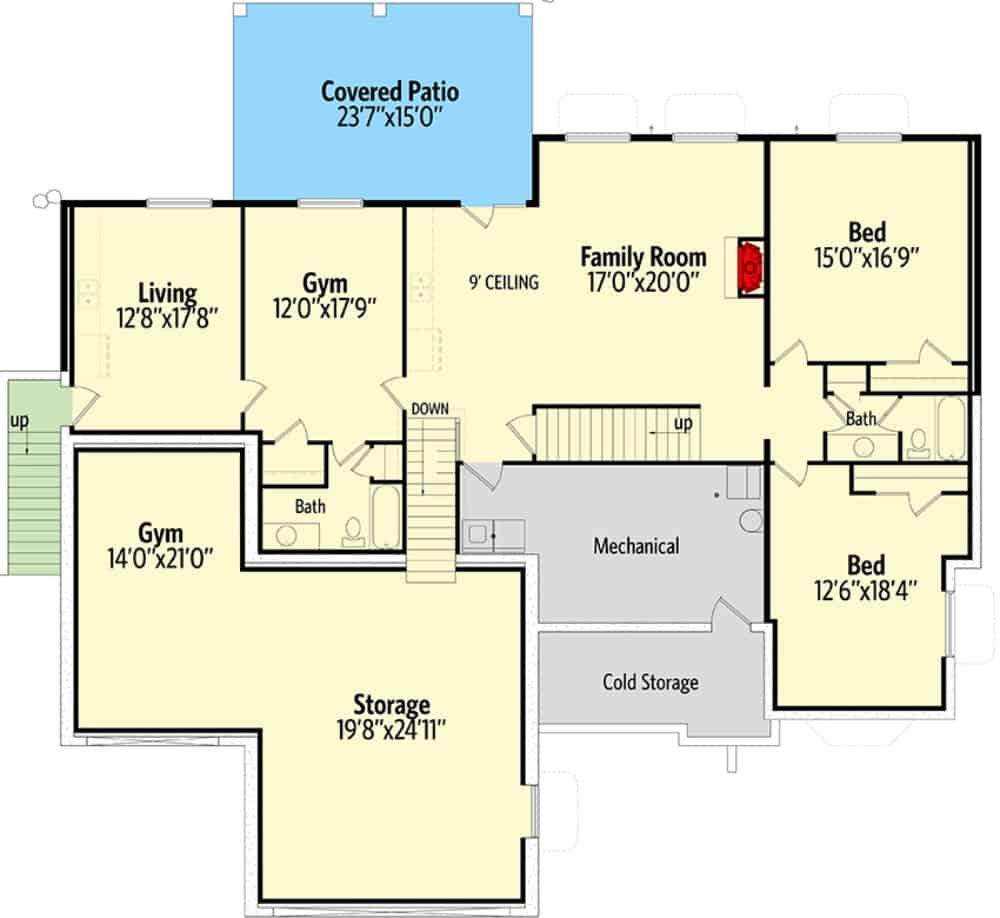 低层平面图有两间卧室，口香糖，客厅和家庭娱乐室，可通往后露台。
