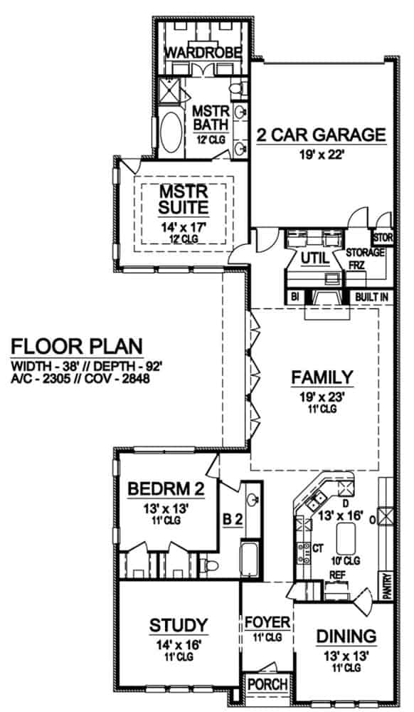 主级平面图的2居室与门厅传统单层砖家,正式饭厅,研究中,家庭房间,厨房,公用事业,后方双车库。