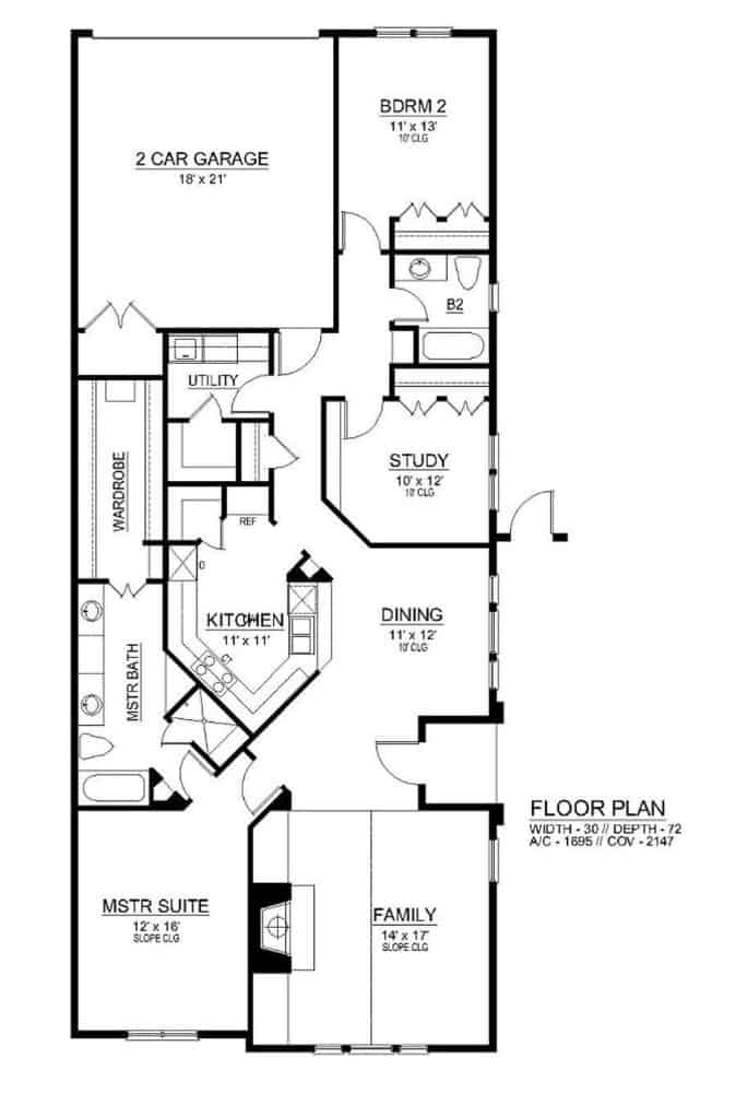 传统单层2卧室平房的主要楼层平面图，包括家庭娱乐室、餐厅、厨房、书房、杂物间、两间卧室和一个后双车库。