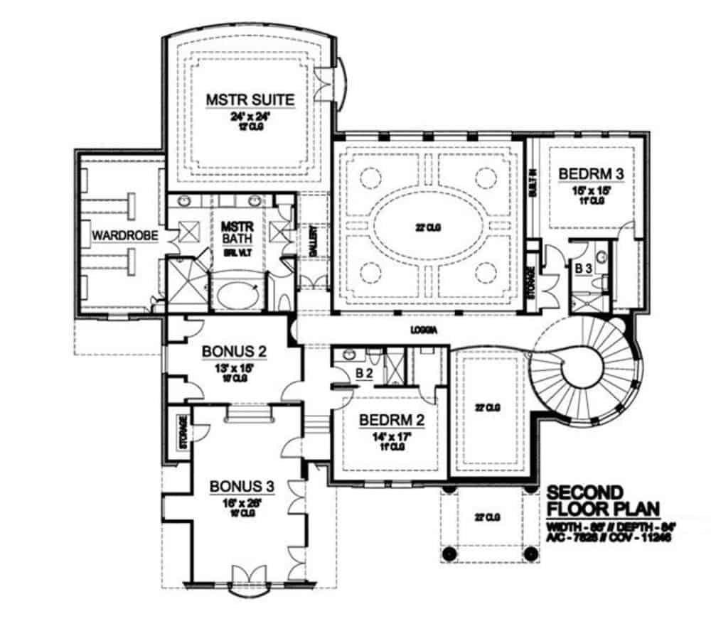 二层平面图，有两个额外的房间和三间卧室，包括主套房。