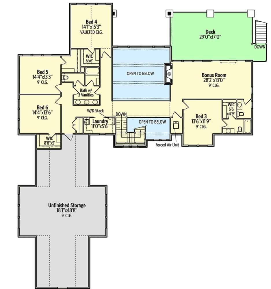 二级平面图有四个卧室,一个洗衣房,和一个额外的房间,延伸到一个宽敞的甲板上。