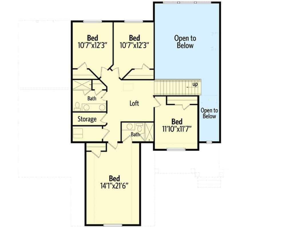 二层平面图带有阁楼，四间卧室和两个完整的浴室。