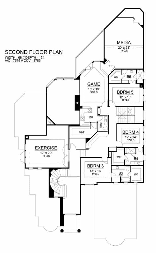 二层平面图有三间卧室，媒体室，健身房，带湿酒吧和阳台的游戏室。