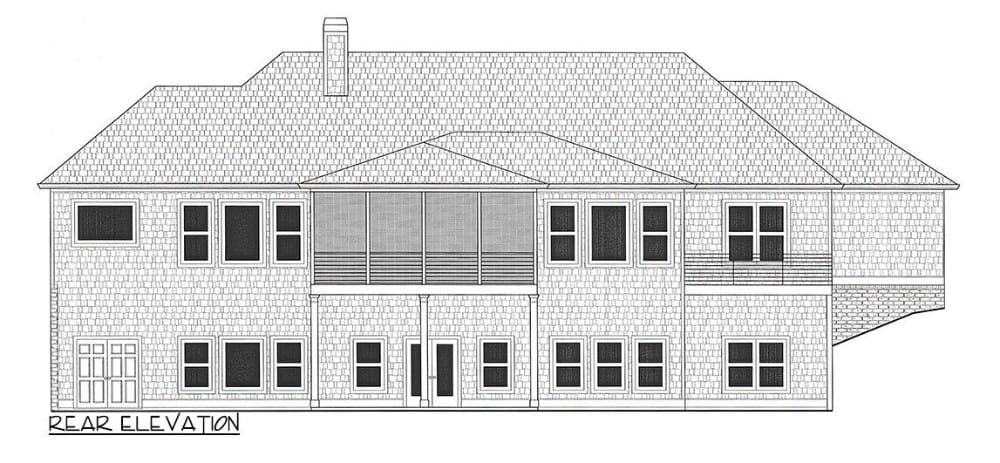 4间卧室的单层新美国住宅的仰角草图。