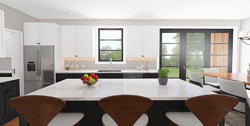 厨房提供对比鲜明的白色和黑色橱柜，石板电器，和一个大理石顶部岛搭配当代的柜台椅。