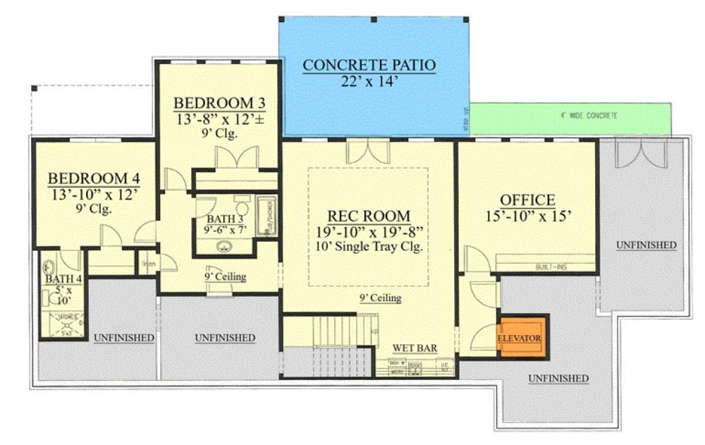 较低的平面图，设有两间卧室，办公室和一个带湿吧和露台通道的娱乐室。