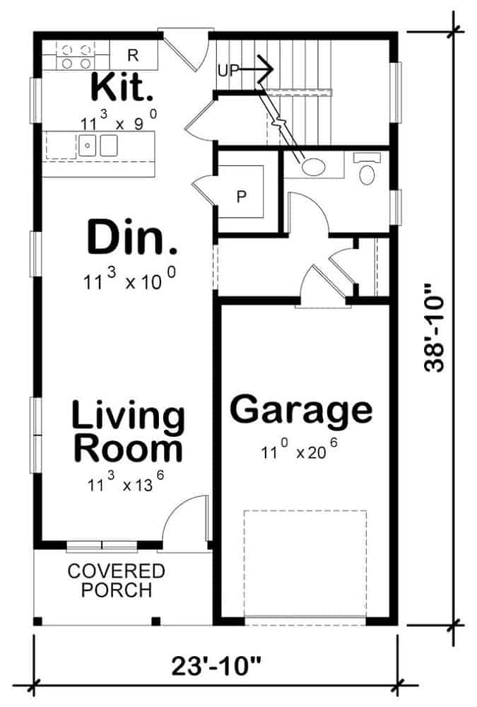 一个3卧室当代风格的两层住宅的主要楼层平面图，设有客厅，用餐区，厨房和一个车库。