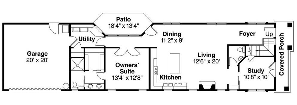 一个3卧室的两层当代住宅的主要平面平面图，设有门厅，客厅，用餐区，厨房，书房，主要套房，以及通往车库的公用设施。