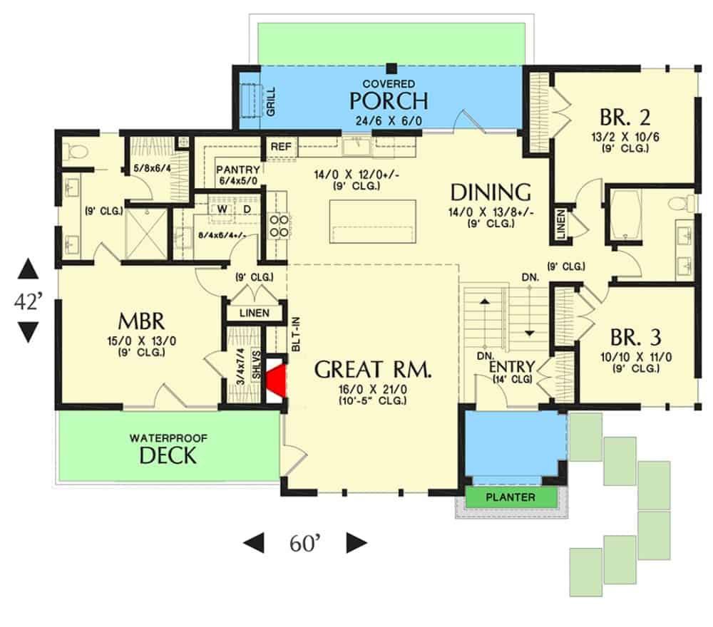 当代单层4卧室西北住宅的主要楼层平面图，设有大房间，用餐区，厨房，洗衣房和三间卧室，包括主要套房。