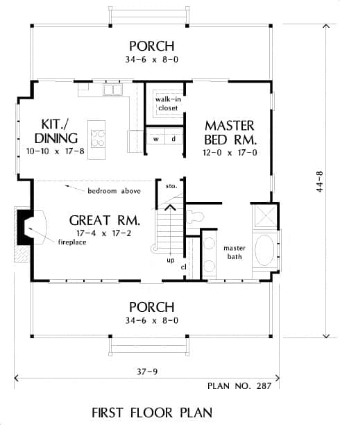 3主级平面图的乡村两卧室的西摩小屋前方和后方门廊,大房间,厨房/餐厅,主要的套件。