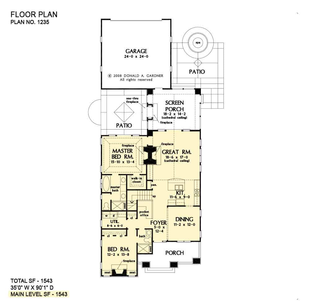 Park Ridge工匠住宅的主要层平面图，设有门厅，正式餐厅，大房间，厨房，两间卧室，杂物间和大量户外空间。