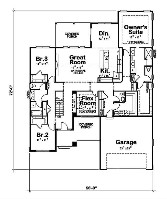 单层三卧室牧场的主要楼层平面图，带有前后门廊、门厅、伸缩室、大房间、厨房、用餐区、洗衣房和通往车库的储藏室。