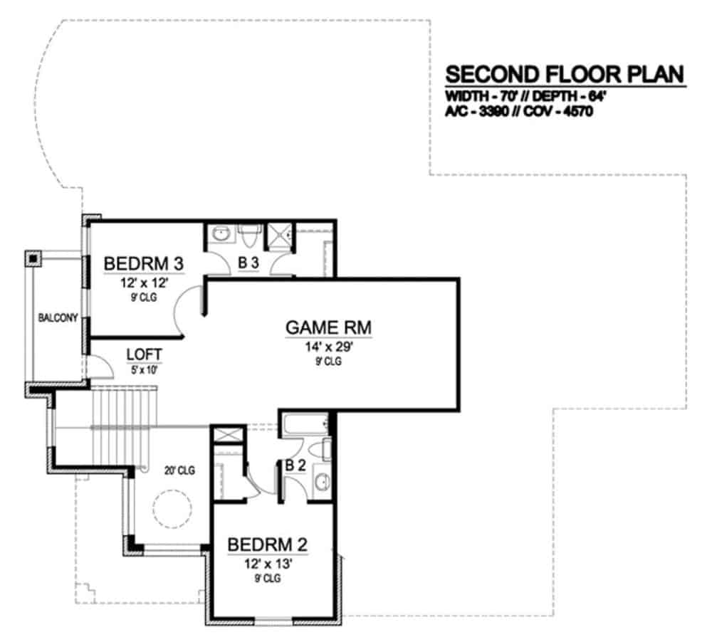 二层平面图有两间卧室、一间游戏室和一间通往阳台的阁楼。