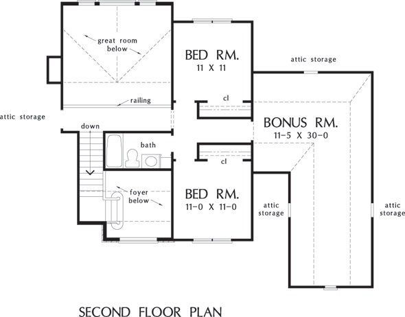 二楼平面图，有一个奖励房间和两间卧室共用一个完整的浴室。