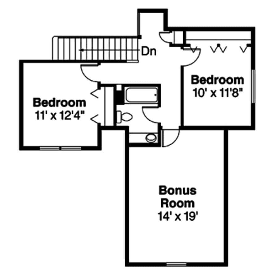 二层平面图有一个奖励房间和两间卧室，共用一个完整的浴室。
